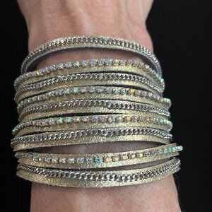 Stunning Gold Leather and Crystal Rhinestone Wide Wrap Bracelet